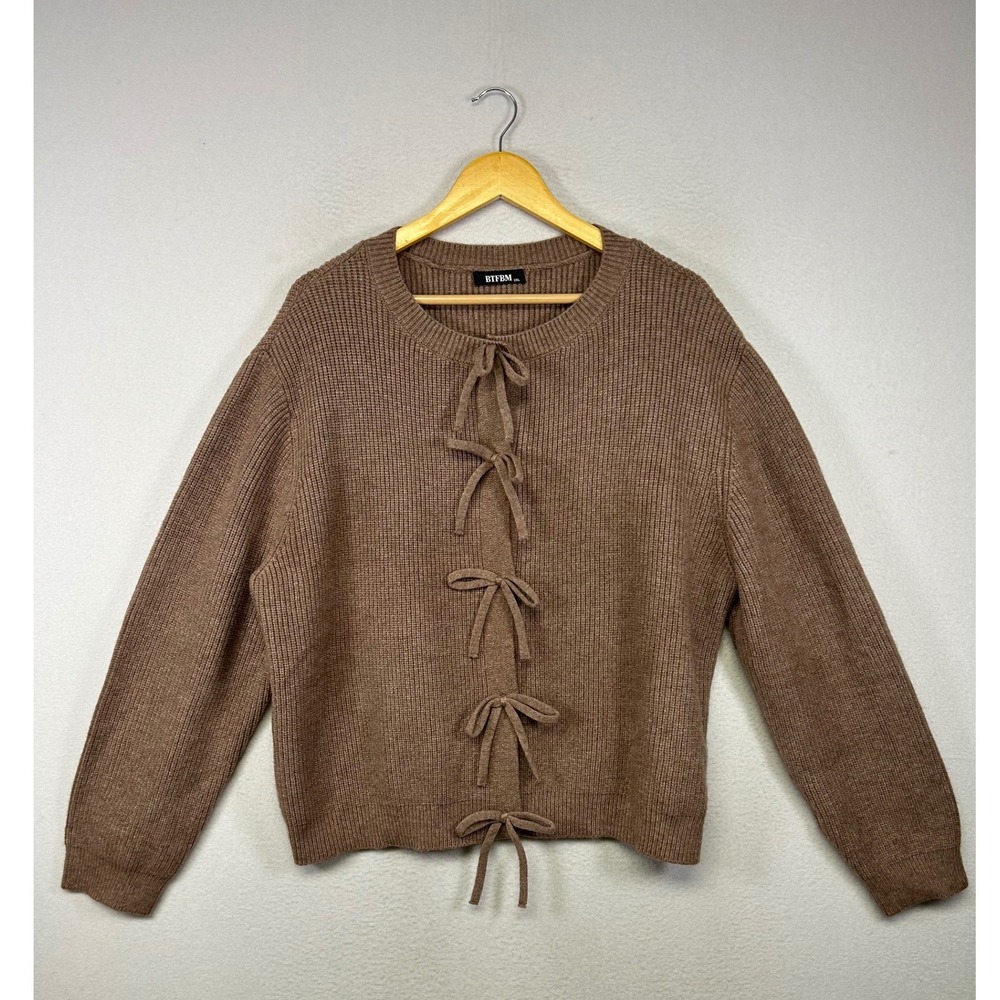 Coquette Balletcore BTFBM Women‎ XXL Brown Ribbed Knit Tie Front Bow Cardigan